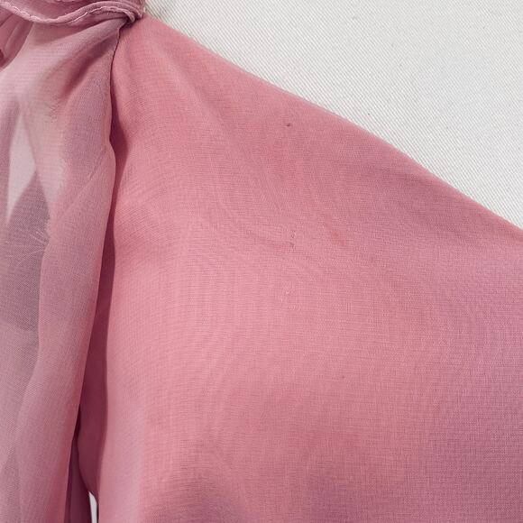 Vintage 70s Chiffon Puff Sleeve Ruffle Off Shoulder Midi Dress Fit Flare Pink 4 - Picture 3 of 10